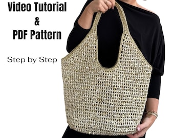 VIDEO TUTORIAL | Shiny Crochet Beach Bag | Crochet Bag Pattern | Metallic Yarn Tote Bag| Knitted Beach Bag   | PDF Pattern | Do it Yourself
