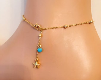 Gold Plated Ball Chain Anklet Gift for Her Summer Delicate Anklet Foot Jewelry, Summer trends Gift Star Dangle Foot Bracelet Dangle Anklet