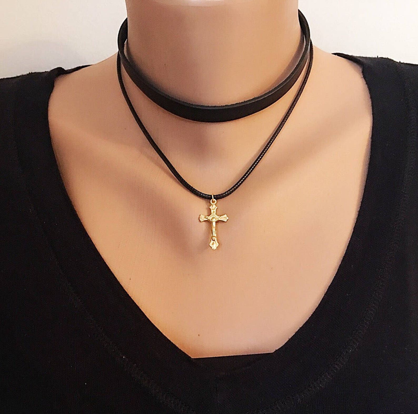 Gold Cross Choker Charm Leather Necklace Bohomian Choker Etsy