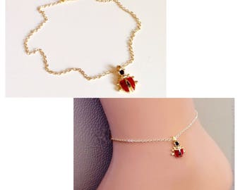 Vergulde lieveheersbeestje armband, lieveheersbeestje charme hanger, gouden sieraden, cadeau voor haar, vergulde enkelbanden, peuter, kind, Bracciale coccinella