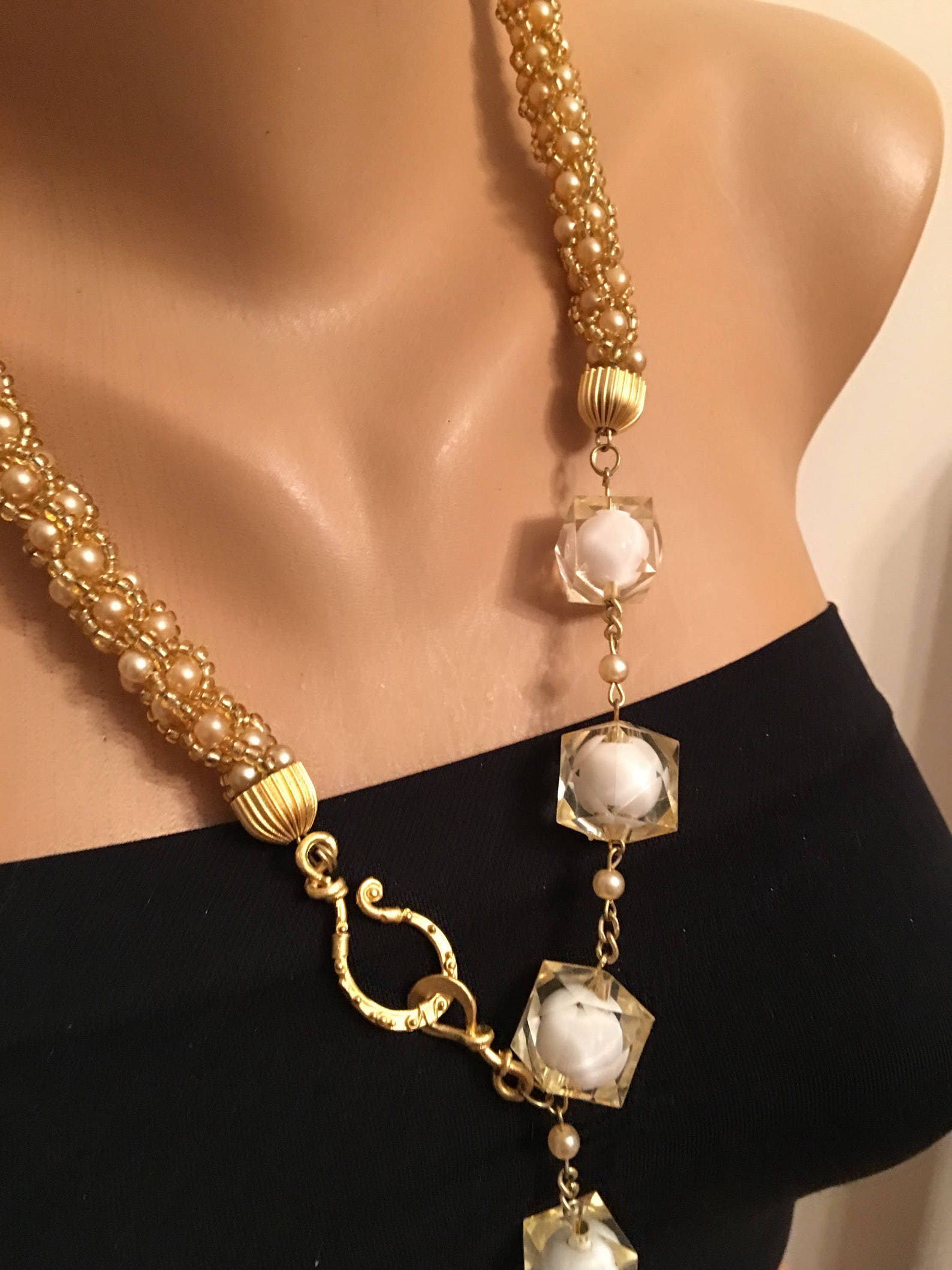 50% Sale, Handmade Gold Pearl Necklace, Beadwoven Pearl Classy Long ...