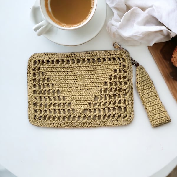 Raffia Pouch Bag, Envelope Clutch Tan  Handcrafted Clutch, Crochet Beach Clutch, Summer Bag Clutch, Straw Camel Clutch Purse,