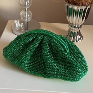 Metallic glänzende grüne Clutch, gestrickte Abendtasche funkelnd, gehäkelte Beutel Clutch, Glitzerrahmen Spange Tasche, Luxustasche, Weihnachtsgeschenk für sie,