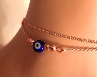 Rose Gold Blue Evil Eye Bracelet, Cute Gold Evil Eye Anklet, Kids Jewelry, Evil Eye Jewelry, Gift for Kids, Protection Charm, Minimalist