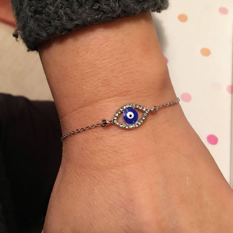 Evil Eye Rhinestone Bracelet, Silver Amulet, Rhinestone Blue Bracelet, Blue Evil Eye Charm, Good Luck Jewelry, Happy Valentines Day Gifts, image 3