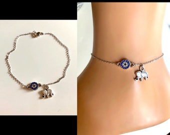 Silver Plated Evil Eye Anklets, Silver Anklet, Evil Eye Jewelry, Rhinestone Anklet, Elephant Bracelent Anklet, Gift for Her, Tiny Elephant J