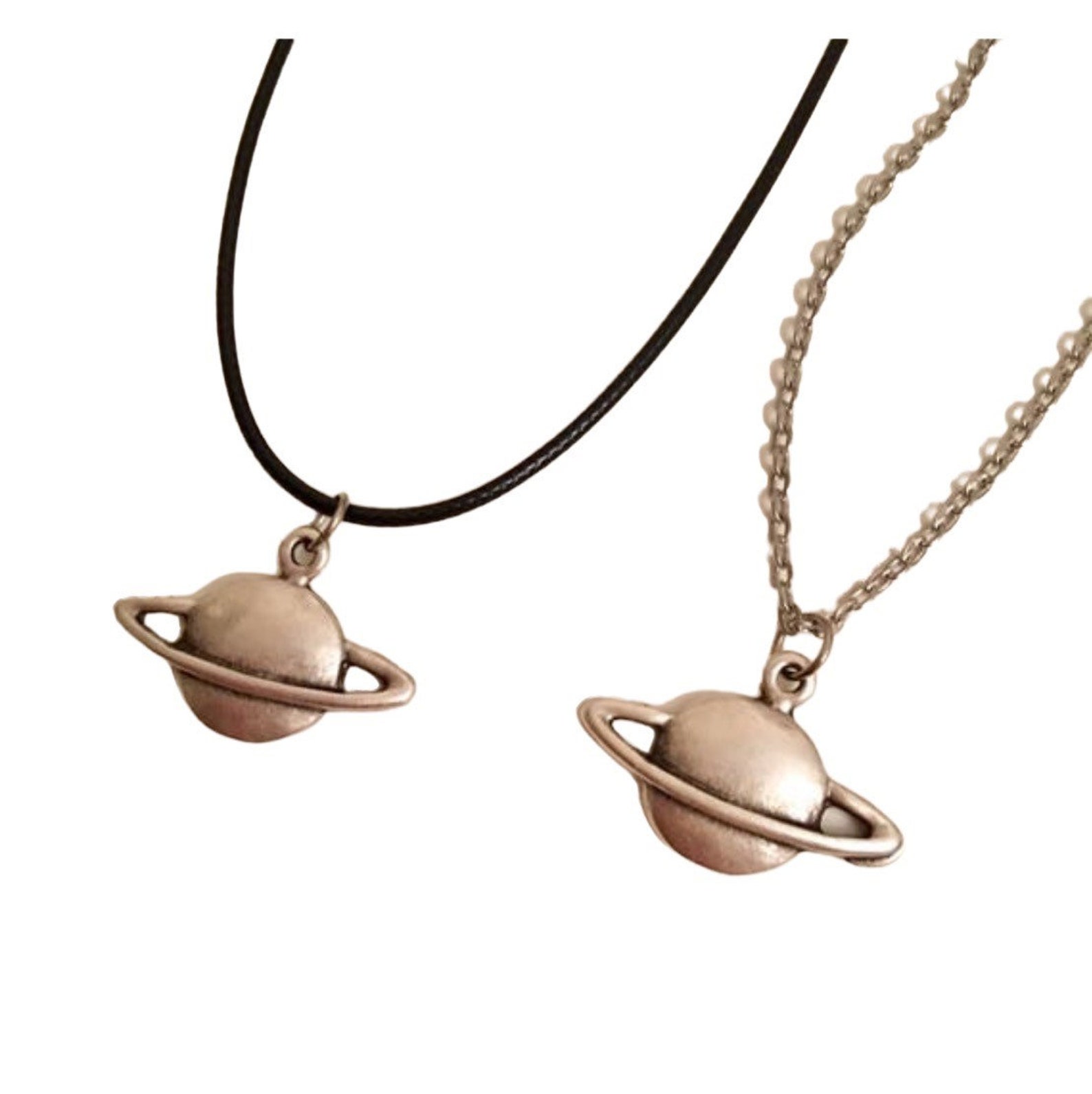 Antique Silver Saturn Necklace Pendant Black Leather Etsy