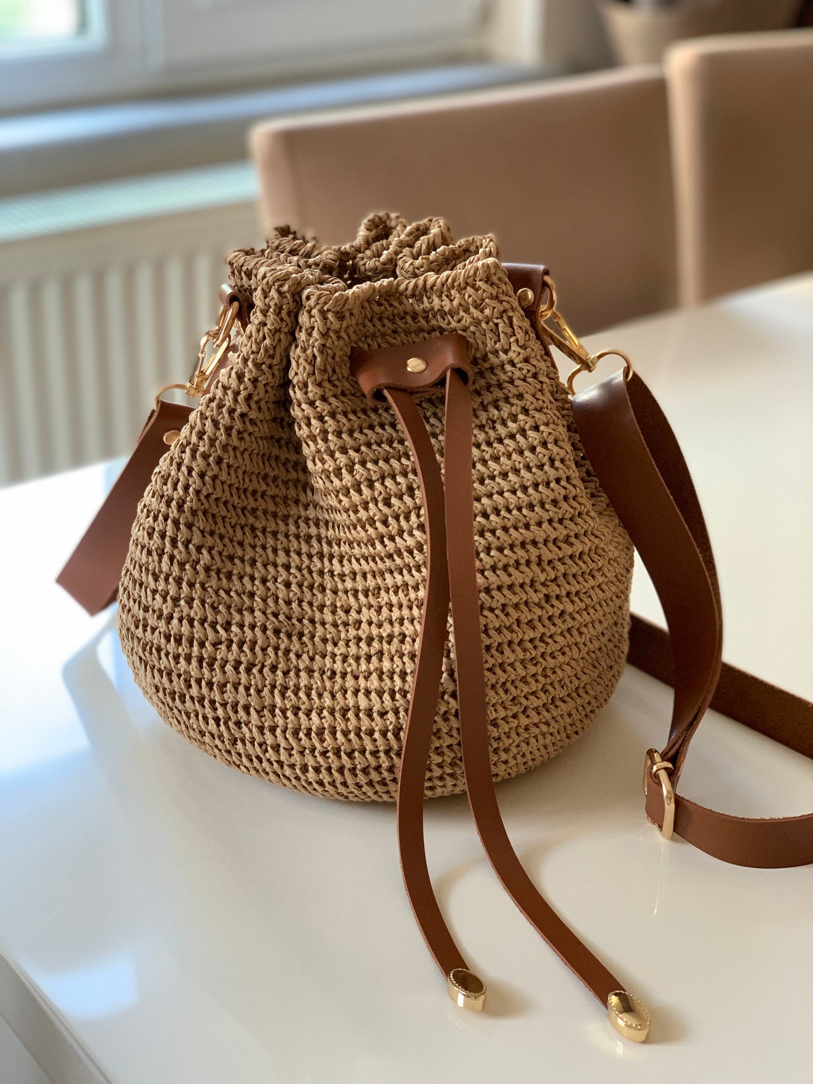 Luxury Crossbody Bag in Leather Accessories Camel Paper Yarn - Etsy