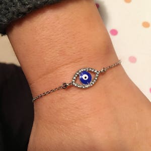 Evil Eye Strass Armband, Zilveren Amulet, Strass Blauwe Armband, Blue Evil Eye Charm, Good Luck Sieraden, Happy Valentines Day Gifts, afbeelding 6