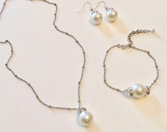 Pearl Set for Brides, Best Bridesmaid Gifts, Pearl Necklace Bracelet Earrings, Pearl Jewelry, Wedding Jewelry Gifts, Pearl Bridal Accessory