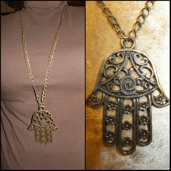 Große Hamsa Messing Silber Halskette, Antike Messing Hamsa Halskette, Hand der Fatima, Boho Schmuck, großer Anhänger, Hand der Fatma Minimalst Schmuck