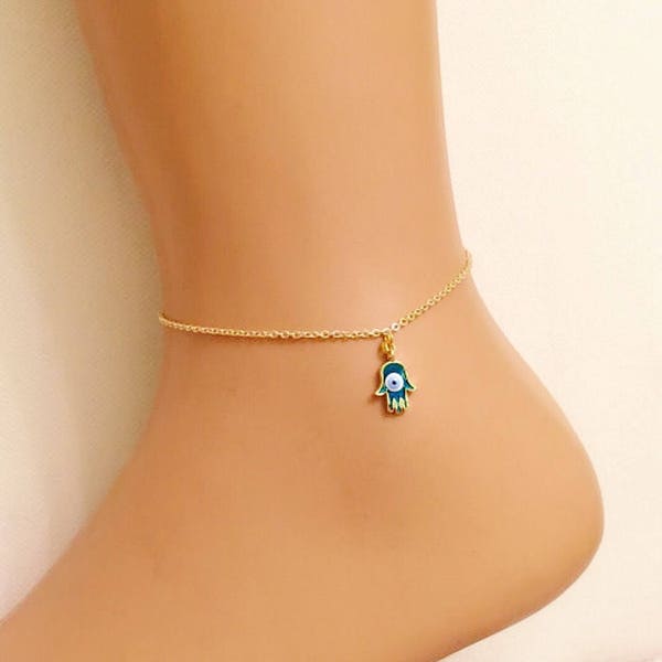 Hamsa Hand Anklet, Gold Plated Anklet, Evil Eye Hamsa Hand Anklet, Fatma's Hand, Boho Anklet, Body Jewelry, Foot Jewelry, Gift for Kids