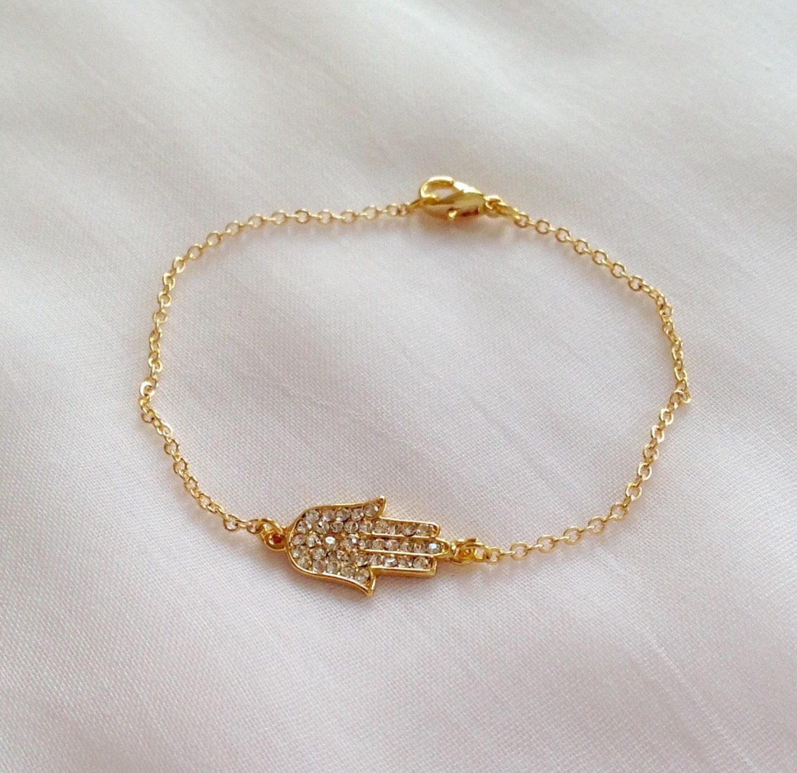 Gold Plated Hamsa Hand Bracelet Gold Rhinestone Khamsa Etsy