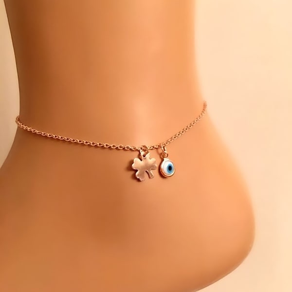 Rose Gold Clover Bracelet Anklet, Shamrock Evil Eye Gold Plated Bracelet, Good Luck Protection Jewelry, Third Eye Charm Bracelet