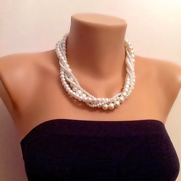 Twisted Pearl Necklace, Statement Ivory Pearl Twisted Necklace Earrings, Bridal Gift Necklaces, Wedding Gift, Multistrand Necklace,