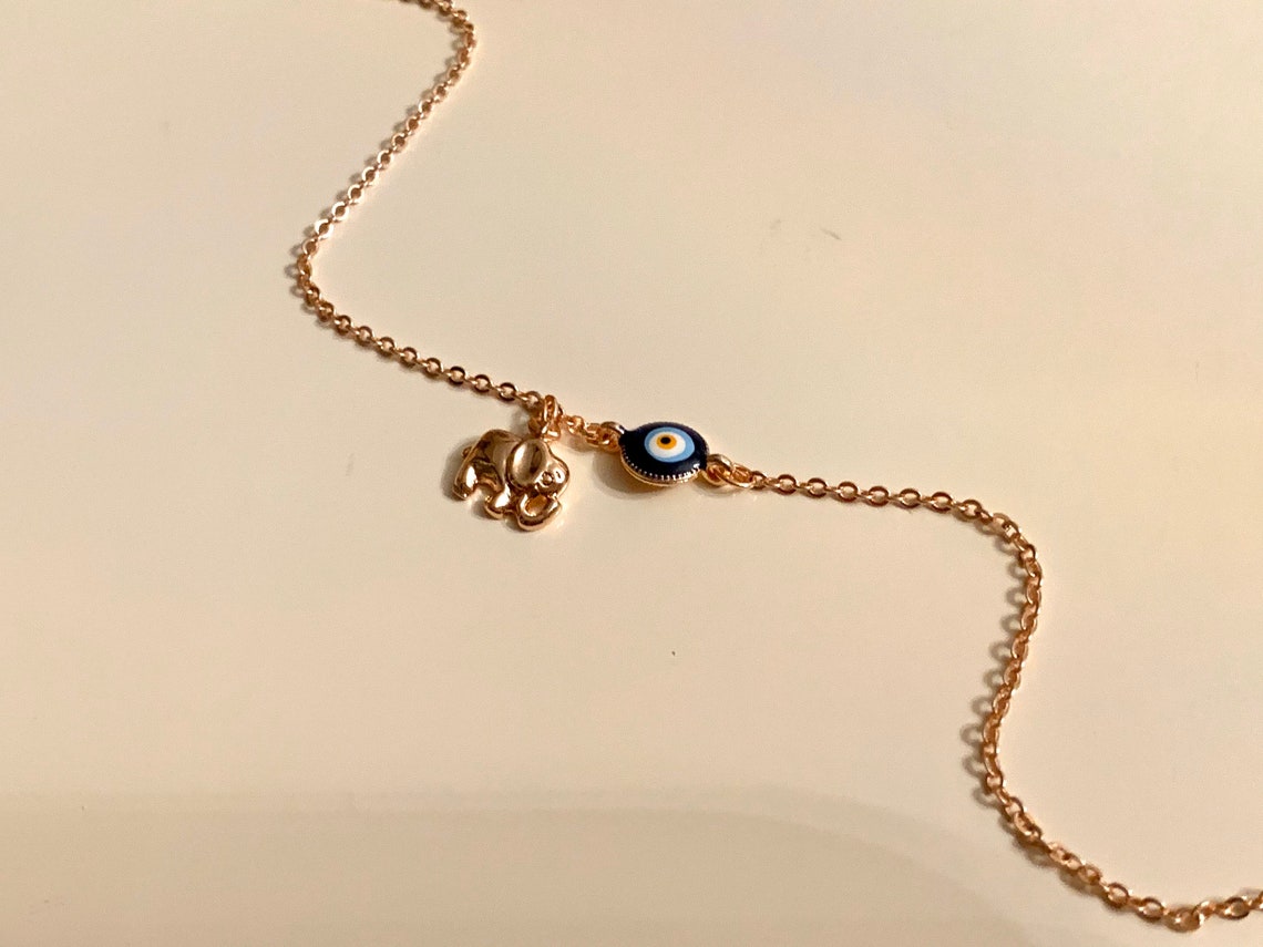 Rose Gold Evil Eye Elephant Bracelet Cute Gold Evil Eye Etsy