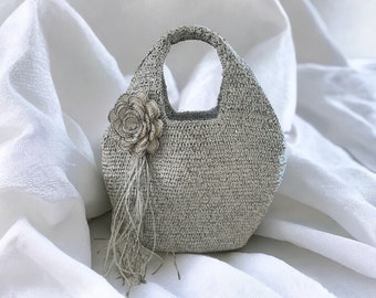 Glitter Daily  Beach Tote Bag, White and Silver Paper Yarn, Glossy Elegant Tote Bag, Knitted  Handmade Large Bag Sparkly, Exclusive Dessign