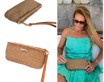 Wallet Small Clutch, Luxury Real Leather Paper Rope Wallet Clutch Tan Handcrafted Clutch, Crochet Beach Small Clutch, Summer Bag Clutch,