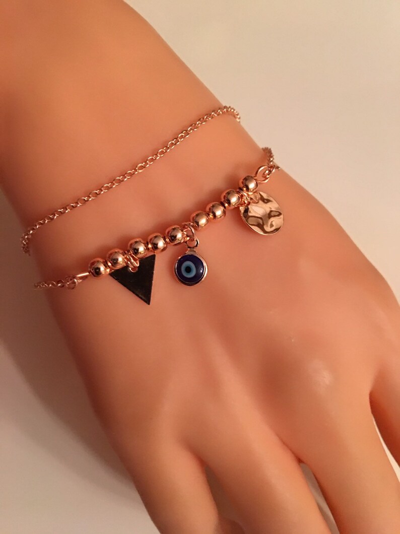 Rose Gold Jewe Multistrand Bracelet Gift for Her Birthday Gifts Best Gift Bracelet Rose Gold Plated Multistrand Evil Eye Charm Bracelet