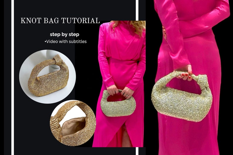 VIDEO TUTORIAL Knot Crochet bag Crochet bag pattern Glitter Gold Baguette Pouch Clutch Knitted Evening Bag Sparkling Easy Pattern zdjęcie 1