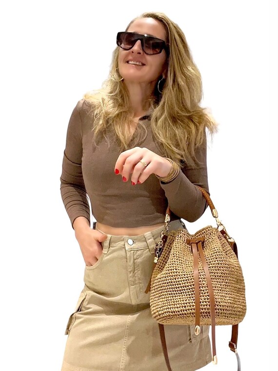 lether knitting shoulder bag camel