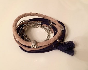 Multi Wrap Leather  Bracelet, Brown Dark Blue Leather with tassel charm, Leather Bracelet, Elegant Bracelet, Chic Jewel, Tassel Bracelets