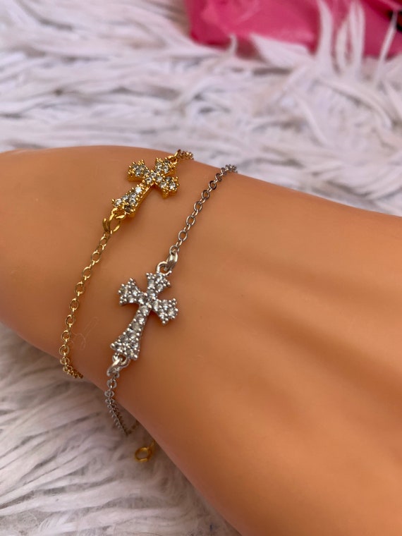 0.70 charm Gold Plated Rhinestone Cross Charm Bracelet Gold Cross Jewelry Catholic Jewelry Cross Charms Religious Jewelry Bracelets Etsy UK