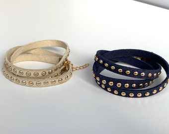 Multi Wrap Beige Dark Blue Bracelet, Suede Studded Bracelet, Casual Bracelet, Dark Blue Leather Multistrand Bracelets, Gift for her wife
