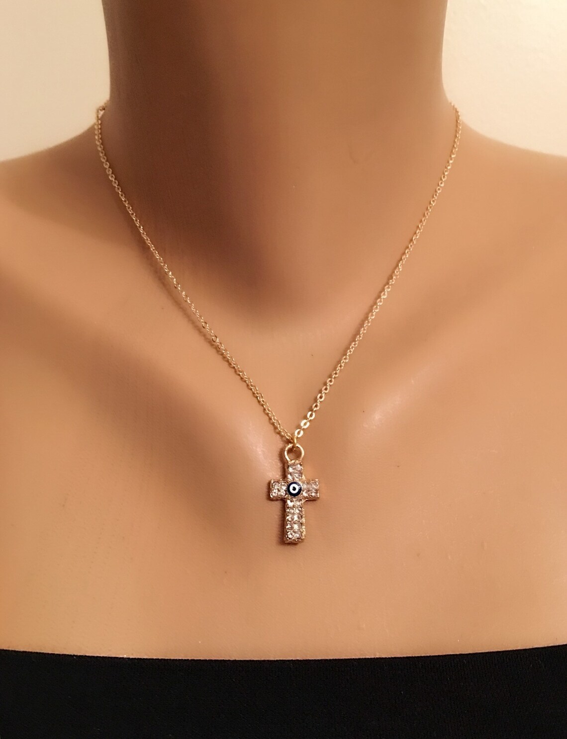 Sparkle Cross Gold Plated Evil Eye Cross Pendant Necklace Etsy