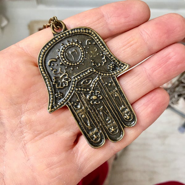 Brass Hamsa Hand Pendant Necklace, Antique Brass Necklace, Boho jewelry, Long Necklace, Protection pendant, Sacred symbol, Fatma's Hand,