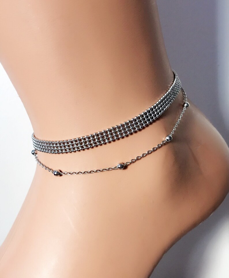 Silver Double Strand Anklet, Silver Ball Chain Ankle Bracelet, Double Chain Anklets, Anklet Jewelry, Foot Jewelry, Body Jewelry, Beach Jewel image 3