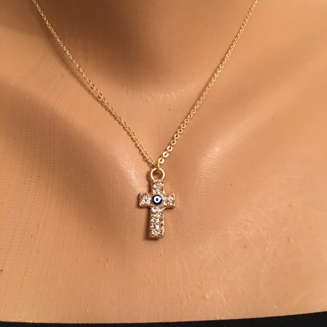 Sparkle Cross Gold Plated Evil Eye Cross Pendant Necklace Etsy