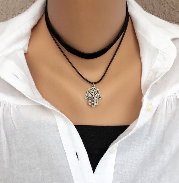 Silver Alloy Hamsa Khamsa Hand Eye Pendant Braided Brown Leather Choker Necklace Silver Alloy Hamsa Khamsa Hand Eye Pendant Braided Brown Leather Choker Necklace