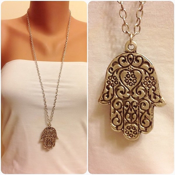 Silver Hamsa Hand Necklace, Antique Silver Necklace, Boho jewelry, Long Necklace, Protection pendant, Hand of Fatima, Good Luck Necklace,