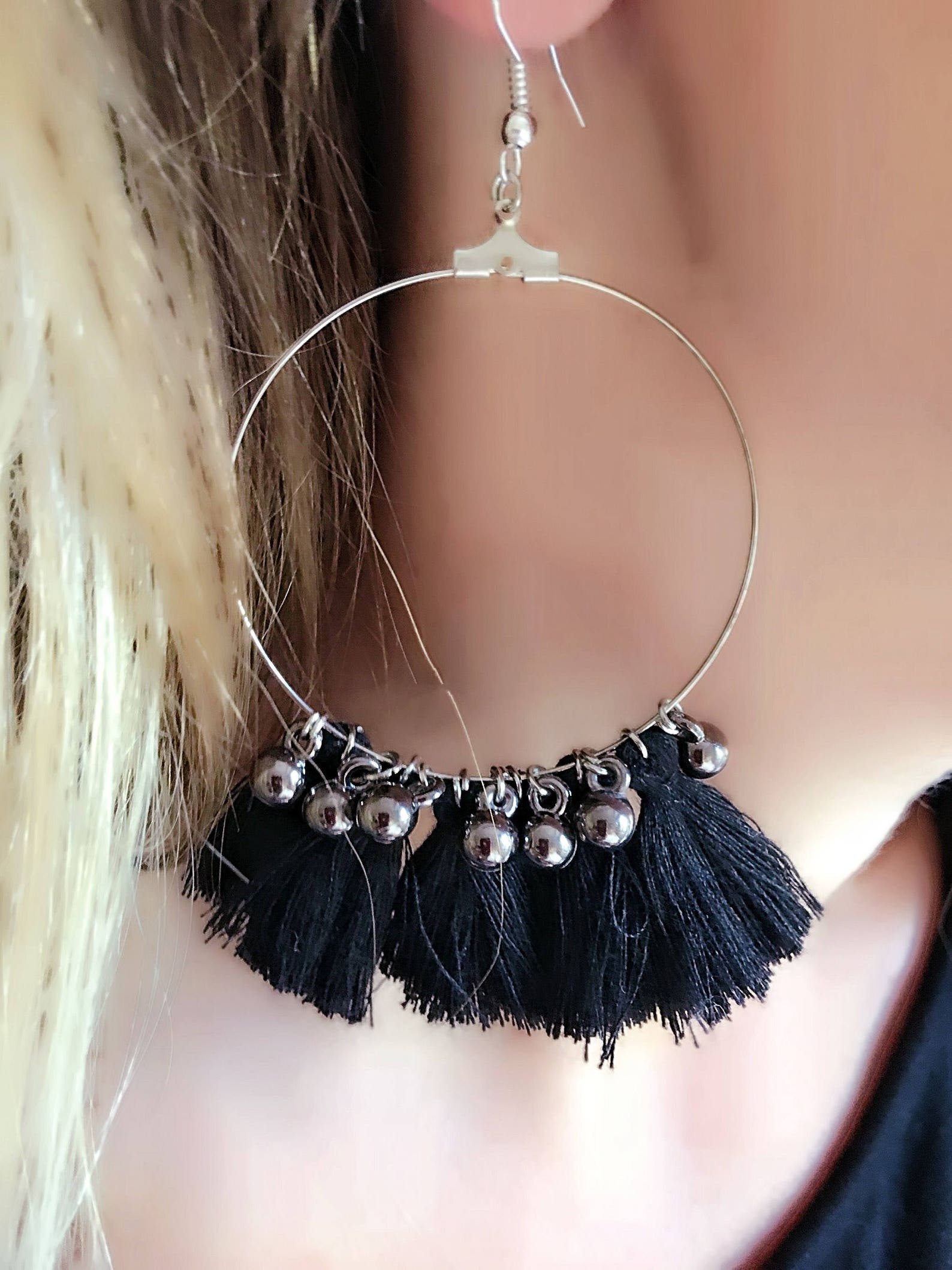 Black Tassel Hoop Earrings Black Tassel Earrings Tassel - Etsy