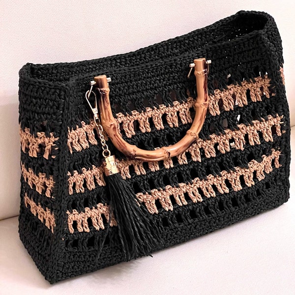 Paper Yarn Handbag with wooden handle, Paper Yarn Top Handle Bag ,Summer Bag, Black bag ,Bamboo handle handbag, Crochet summer bag