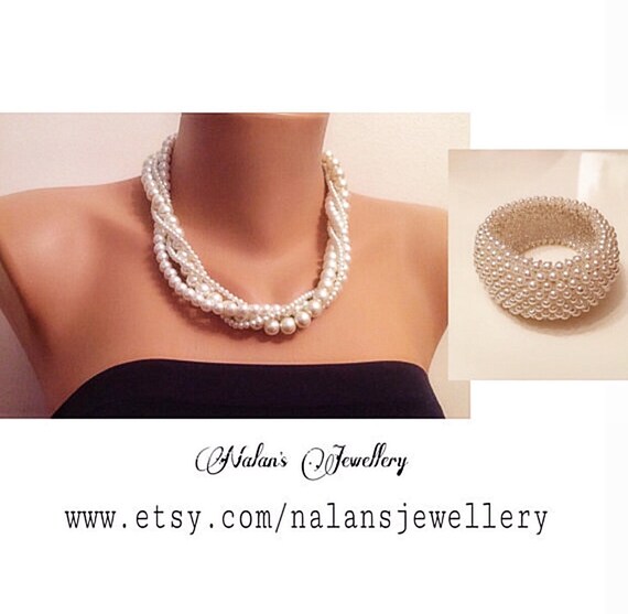 Items similar to 40 SALE, Pearl Set, Twisted Necklace, Pearl Bracelet