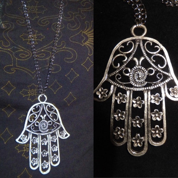 Big Hamsa Hand Necklace, Antique Silver Brass Necklace, Bohomian Style Necklace, Protection Pendants, Gift for Her, Big Hamsa Jewelry