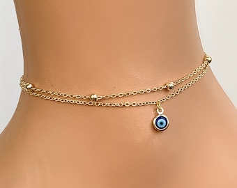 Gold Plated Evil Eye Anklet, Gold Bracelet, Delicate Anklet, Amulet Bracelet, Good Luck Amulet Bracelet For Women, Blue Evil Eye Protection