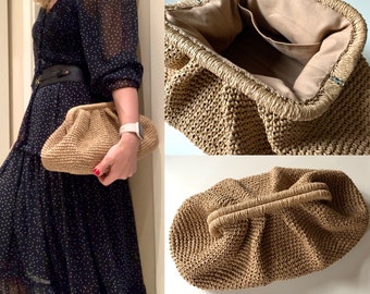 Pouch Clutch Bag With hidden clasp frame, Paper Yarn Knitted Tan Handcrafted Clutch, Crochet Summer Bag Clutch, Straw