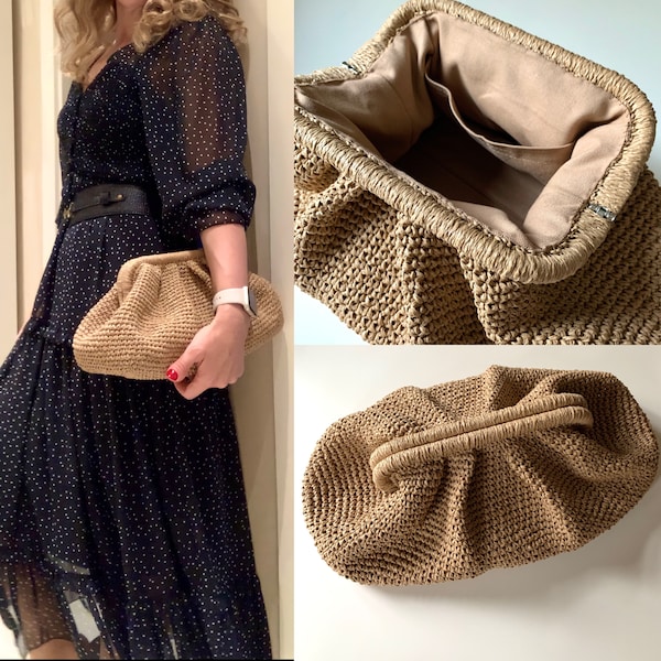 Pouch Clutch Bag With hidden clasp frame, Paper Yarn Knitted Tan Handcrafted Clutch, Crochet Summer Bag Clutch, Straw