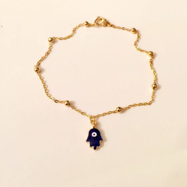 Evil Eye Hand of Fatima Hamsa Anklet, Gold Plated Evil Eye Hamsa Bracelet, Fatma's Hand, Good Luck Jewelry, Foot Bracelets, Protection