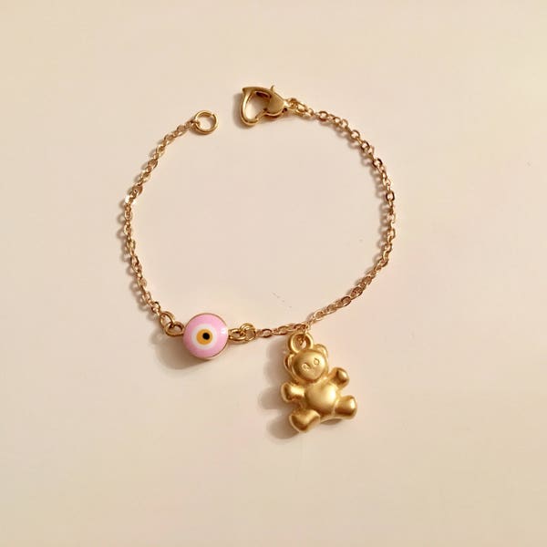 Pink Evil Eye Bear Charm Bracelet, Amulet  Gold Anklet, Bear Ankle Bracelet, Kids Jewelry, Toddler Jewelry, Good Luck Charm Animal Jewelry