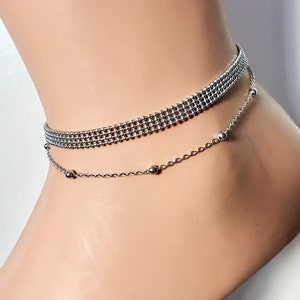 Silver Double Strand Anklet, Silver Ball Chain Ankle Bracelet, Double Chain Anklets, Anklet Jewelry, Foot Jewelry, Body Jewelry, Beach Jewel image 1