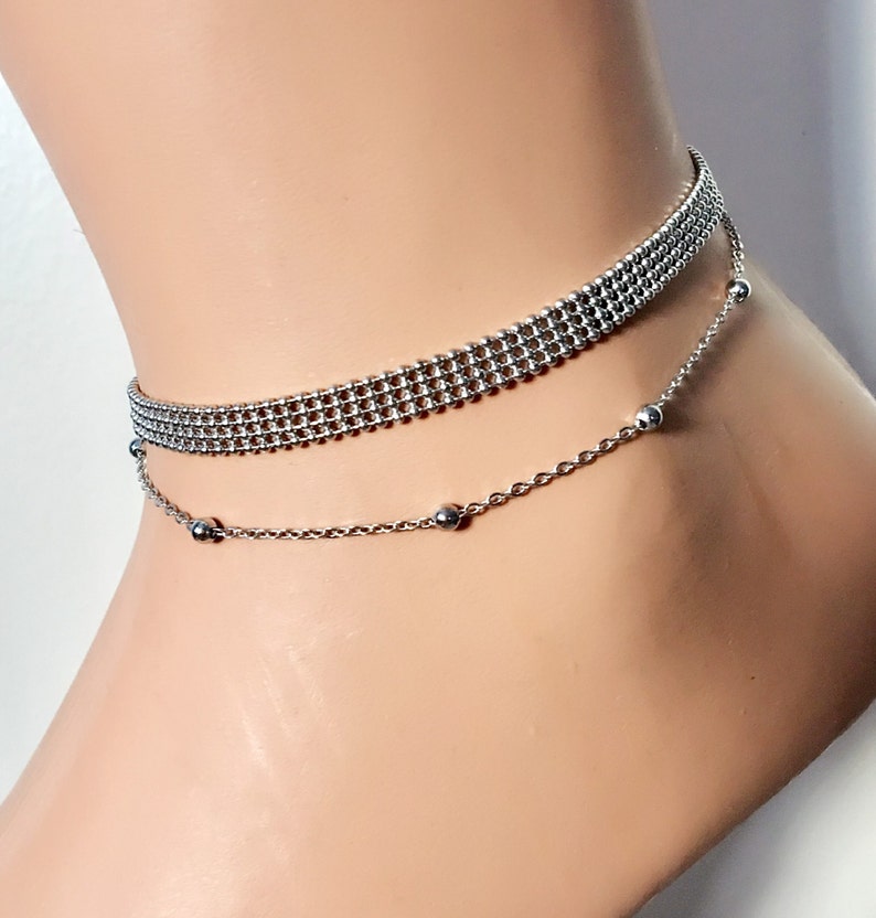 Silver Double Strand Anklet, Silver Ball Chain Ankle Bracelet, Double Chain Anklets, Anklet Jewelry, Foot Jewelry, Body Jewelry, Beach Jewel image 1