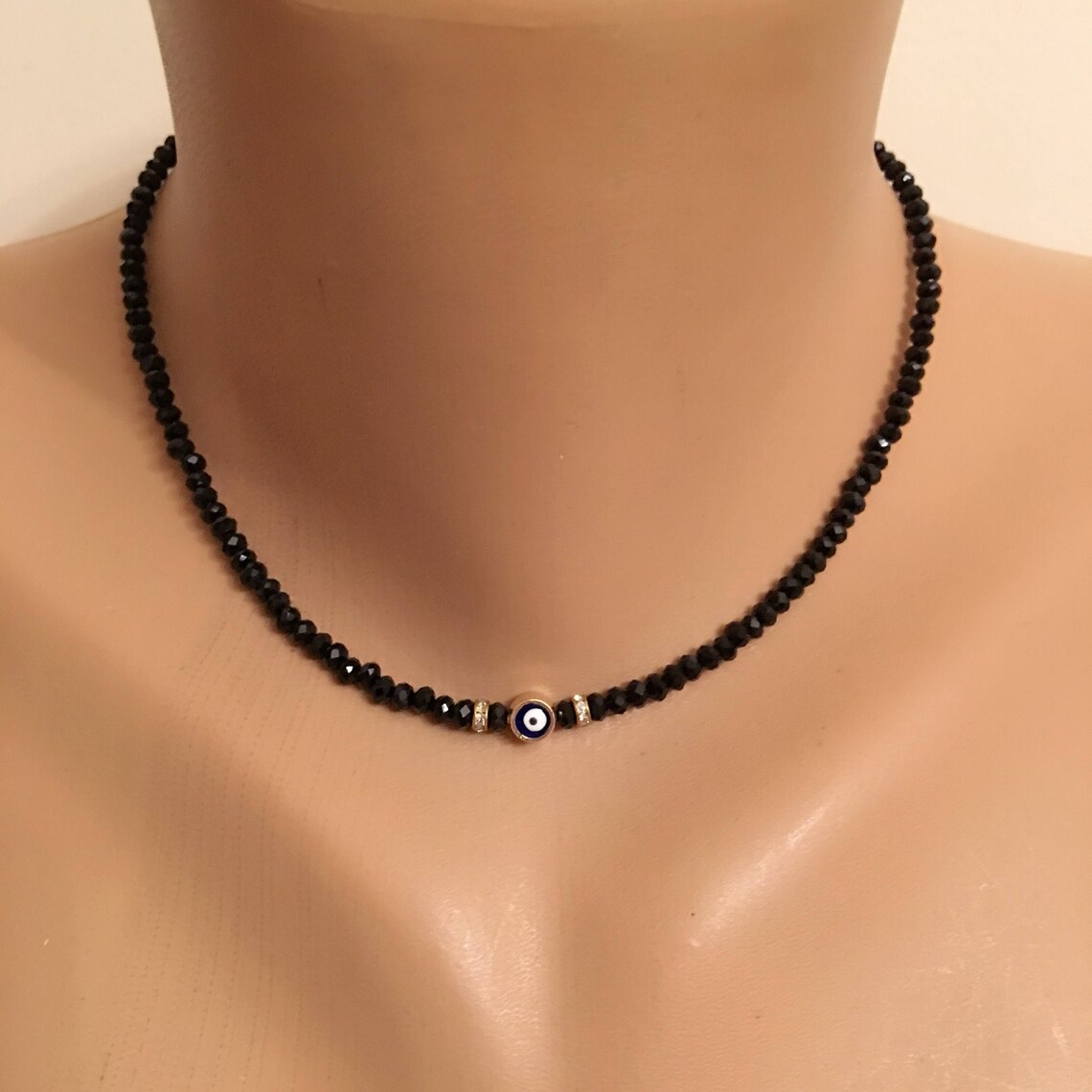 Black Crystal Beaded Necklace Evil Eye Bead Black Necklace Etsy