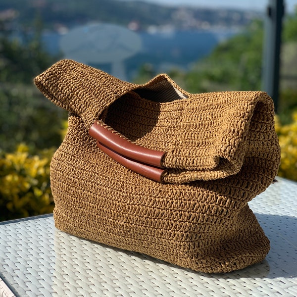 Natural Tan Paper Yarn Beach Bag Leather Accessories Crochet Paper Rope Summer  Handmade Knitted Lined Bag Crochet Tan Bag Big Knitted Bag