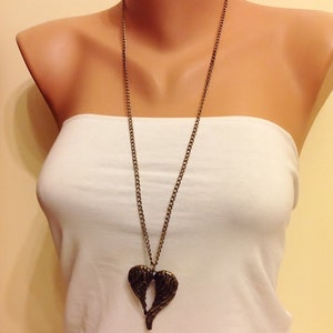 Retro Love Heart & Angel Wings Necklace With Big Pearl - Antique Brass Rockabilly Style, 19"