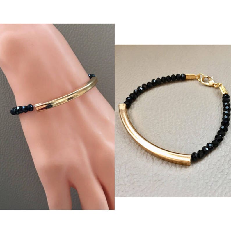 Crystal Bracelet, Gold Plated Black Swarovski Bracelet, Beaded Bracelet, Elegant Bracelet, Birthday Gift, Gift for Her, Summer Trends image 1