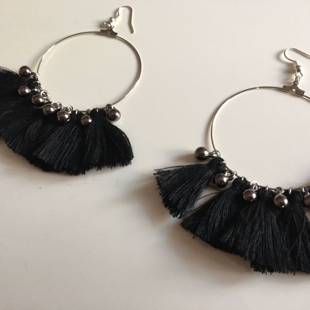 Black Tassel Hoop Earrings Black Tassel Earrings Tassel Etsy